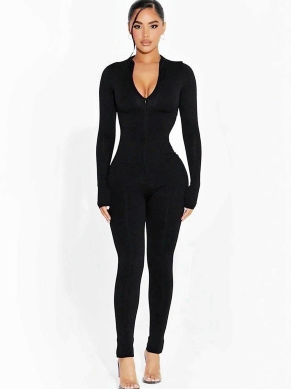 Naked Wardrobe Long Sleeve Zip Up Jumpsuit Women's Black